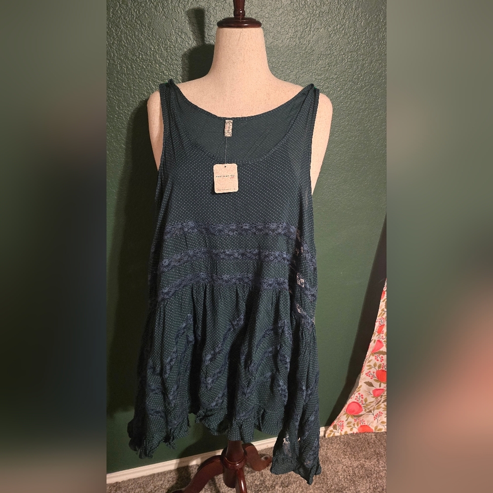 Free People Teal Voile Lace Trapeze Slip Mini Dress Polka Dot Small - Picture 2 of 2